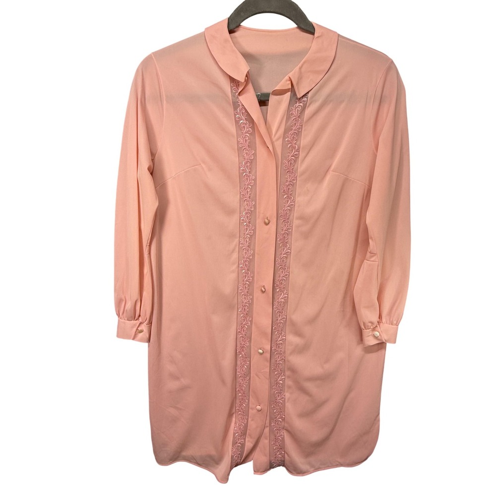 Vintage Tunic Shirt Womens Large Pink Embroidered Lace Trim Button Front 90s‎